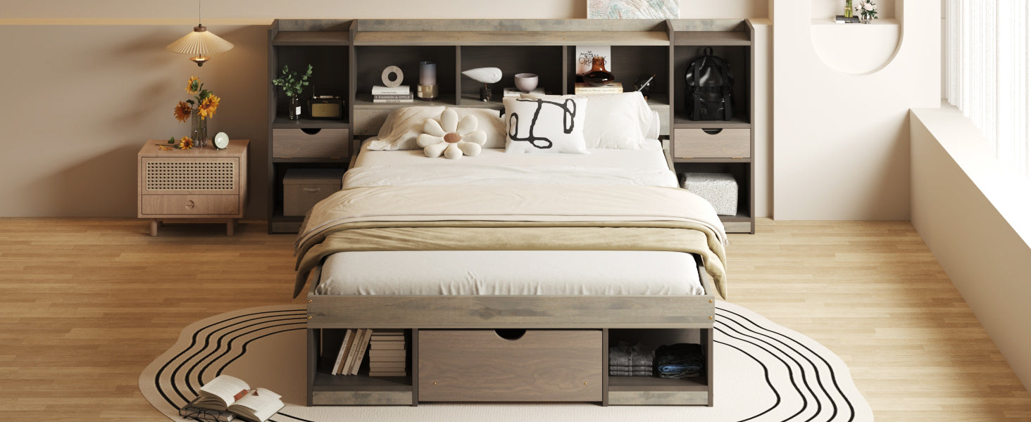 Queen Size Wood Platform Bed With Multi Storage Headboard And A Drawer, Gray Box Spring Not Required Queen Gray Wood Bedroom Bed Frame Solid Wood Mdf