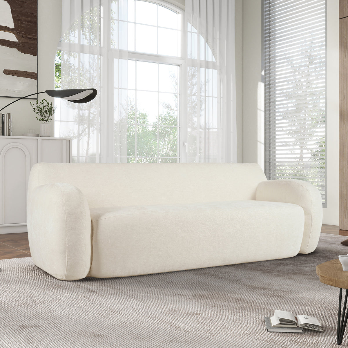 81.5'' Minimalist Curved Upholstered Sofa, 3 Seat Modular Casual Sofa For Living Room, Bedroom, And Apartments Beige Polyester 3 Seat