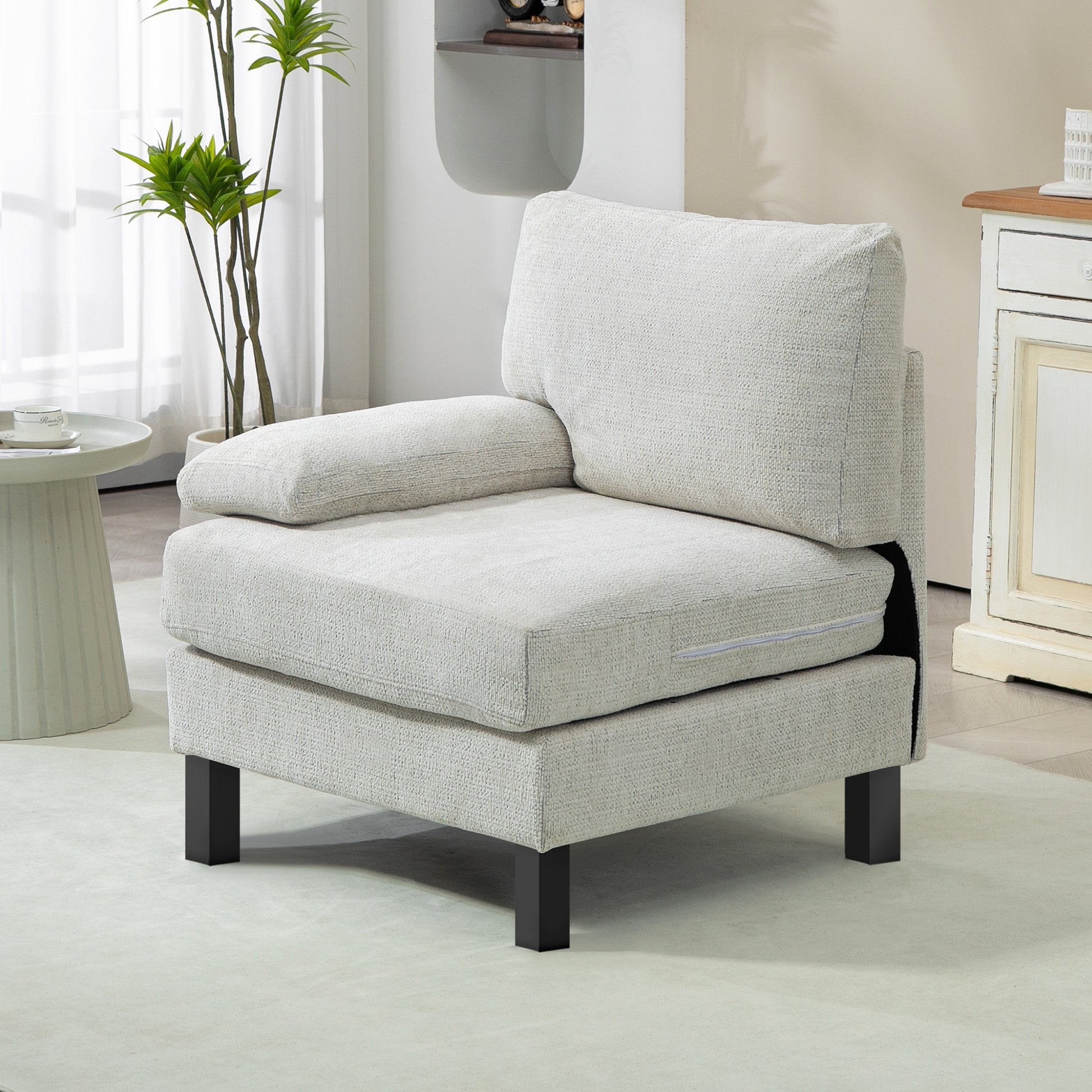 Homcom Module For Modular Sectional Sofa, Left Facing Armchair With Wood Legs And Pocket Spring For Living Room, Bedroom, Cream White Cream White Polyester 1 Seat