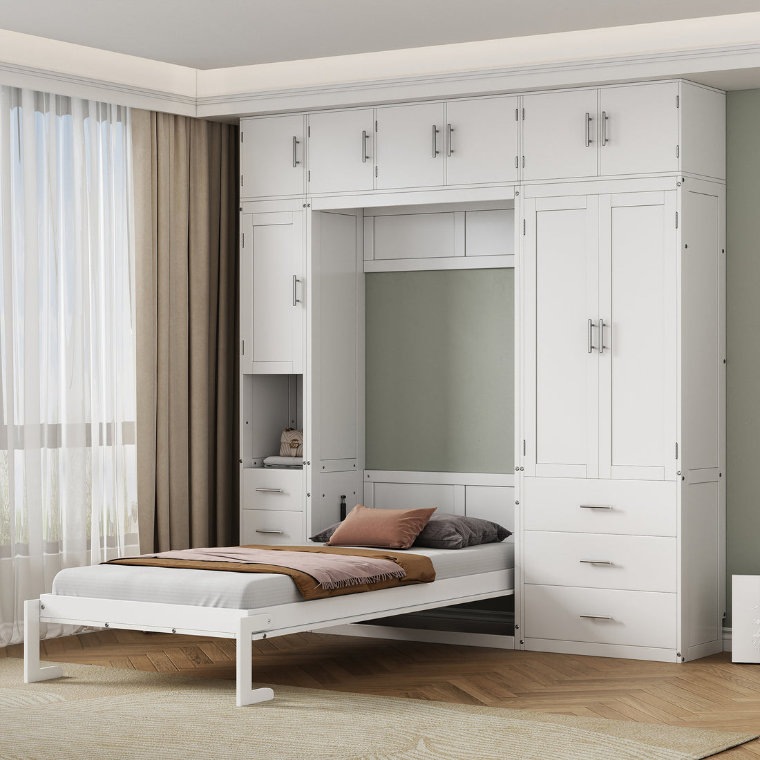 Twin Size Murphy Bed With Lockers And Wardrobes, With Installation Video, White Box Spring Not Required Twin White Murphy Solid Wood Mdf