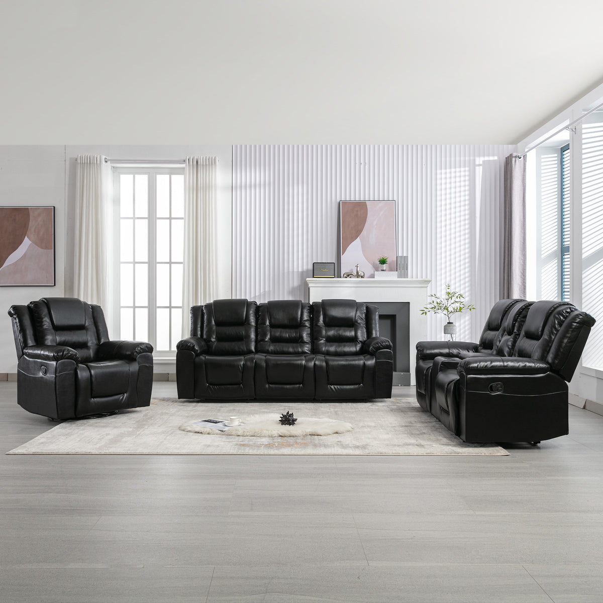 Home Theater Recliner Set Manual Recliner Chair With Wide Armrest, Two Built In Cup Holders For Living Room,Bedroom, Black Old Sku:Sg000760Aab Black Foam Pu Leather