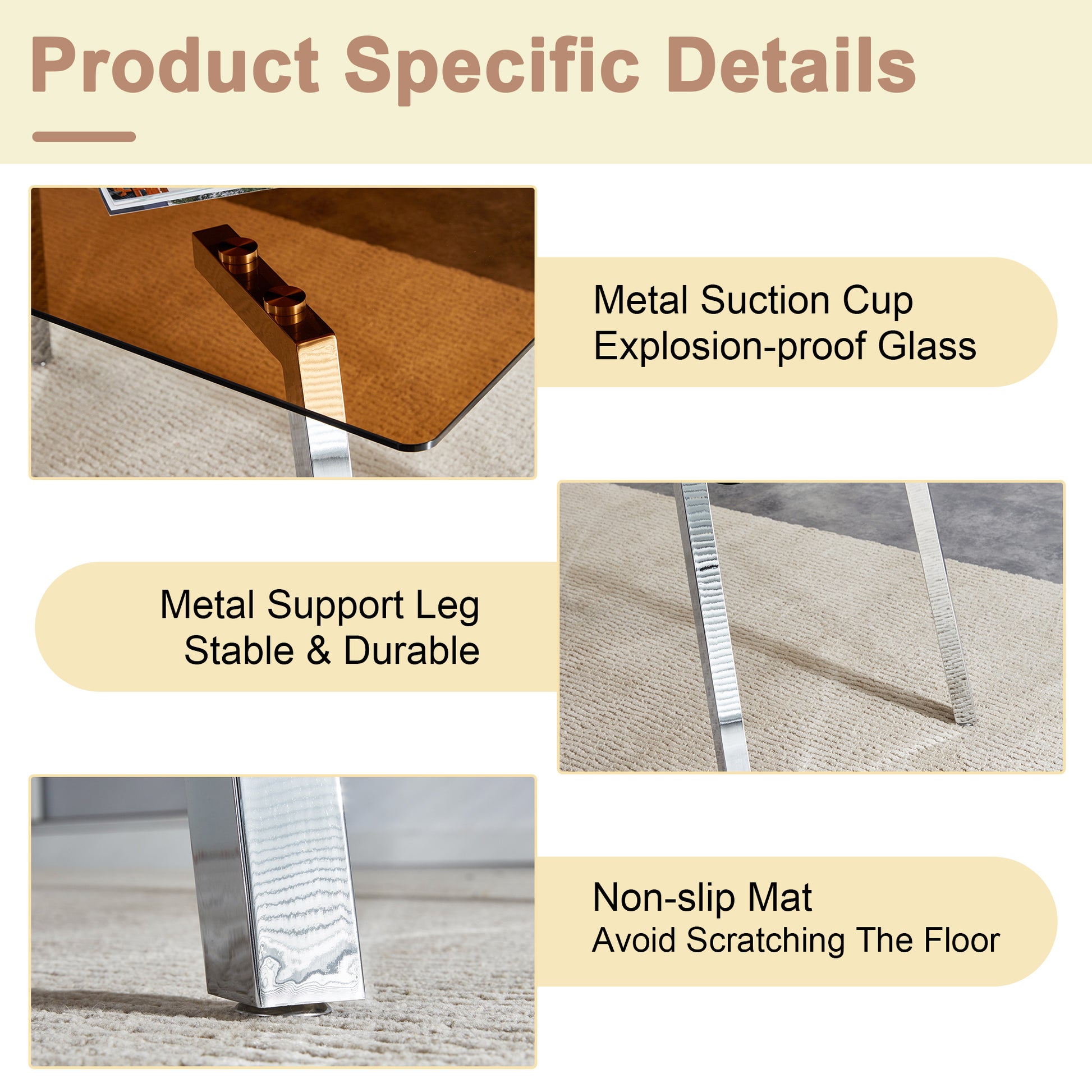 Table And Chair Set.Large Modern Rectangular Table With Brown Glass Top And Silver Metal Legs. Paired With 4 Light Gray Chairs With Checkered Armless High Back Pu Cushion And Silver Metal Legs. Light Gray,Silver Seats 4 Glass Metal