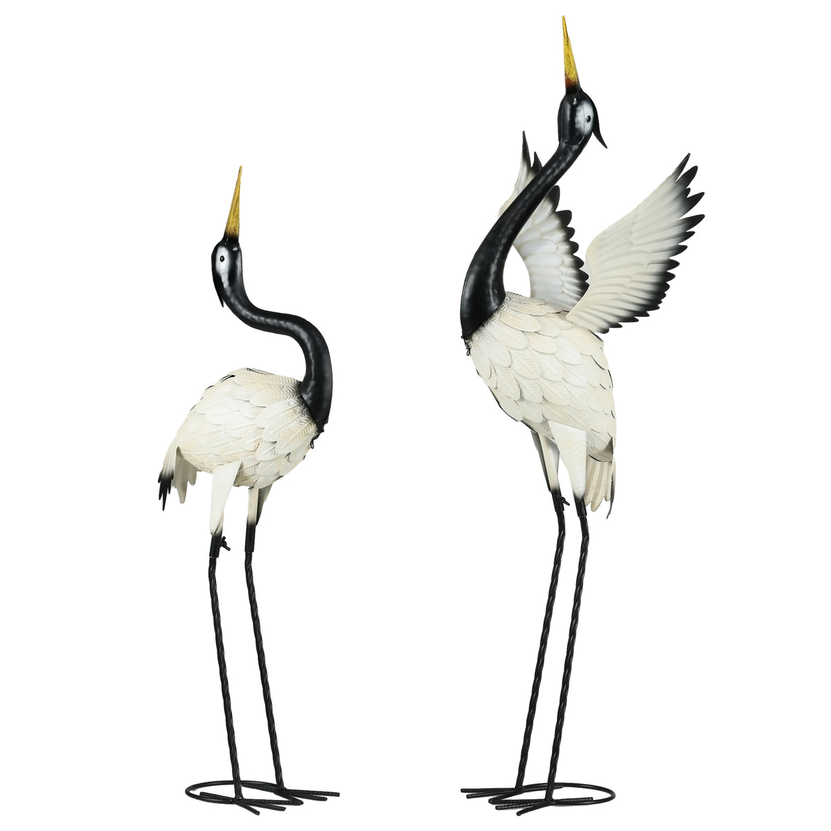 Outsunny Heron Garden Statues, 35.5" & 40.5" Standing Bird Sculptures, Metal Yard Art Decor For Lawn, Patio, Backyard, Landscape Decoration Set Of 2, White & Black Multicolor Steel