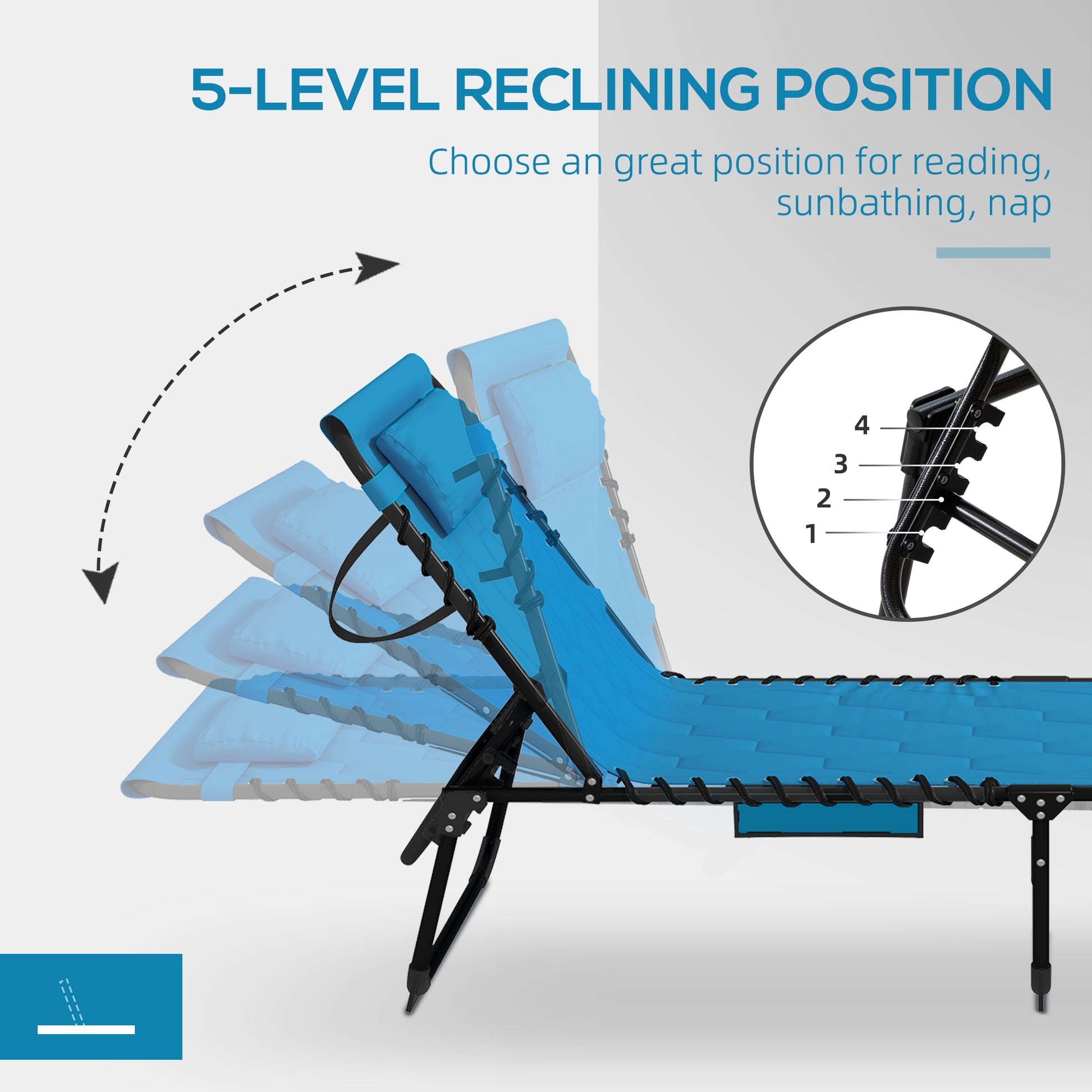 Outsunny Folding Chaise Lounge Set With 5 Level Reclining Back, Outdoor Lounge Tanning Chair With Padded Seat, Side Pocket & Headrest For Beach, Yard, Patio, Sky Blue Blue Steel