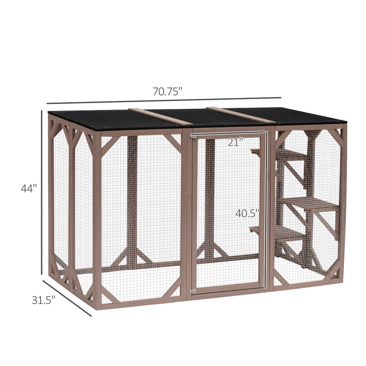 Pawhut Outdoor Cat House, Catio Wooden Feral Cat Shelter, Cat Cage With Platforms, Large Enter Door, Weather Protection Asphalt Roof, 71" L, Brown Brown Wood