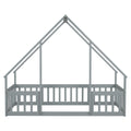 Twin Wood House Shaped Floor Bed With Fence, Guardrails ,Grey Twin Grey American Design Pine