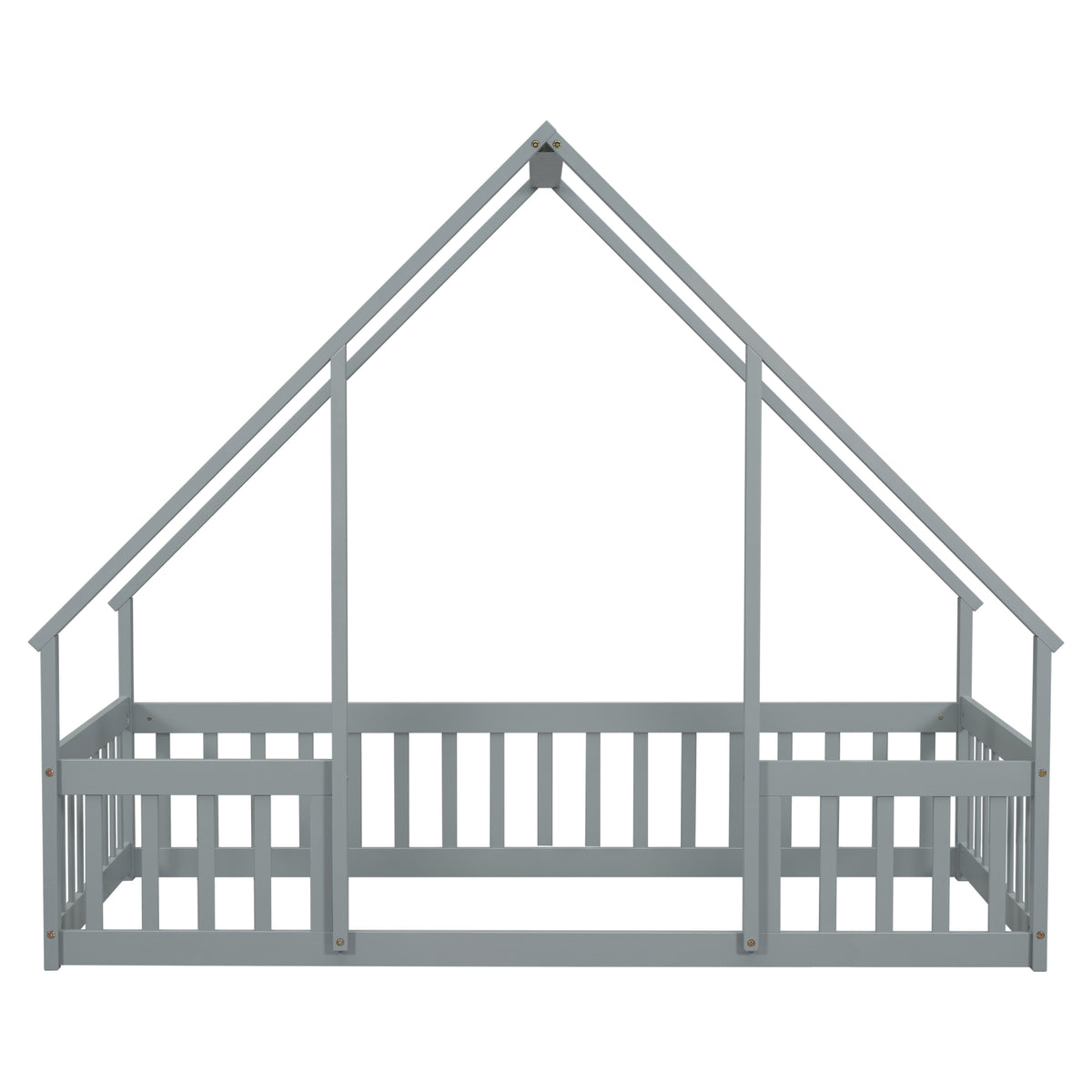 Twin Wood House Shaped Floor Bed With Fence, Guardrails ,Grey Twin Grey American Design Pine