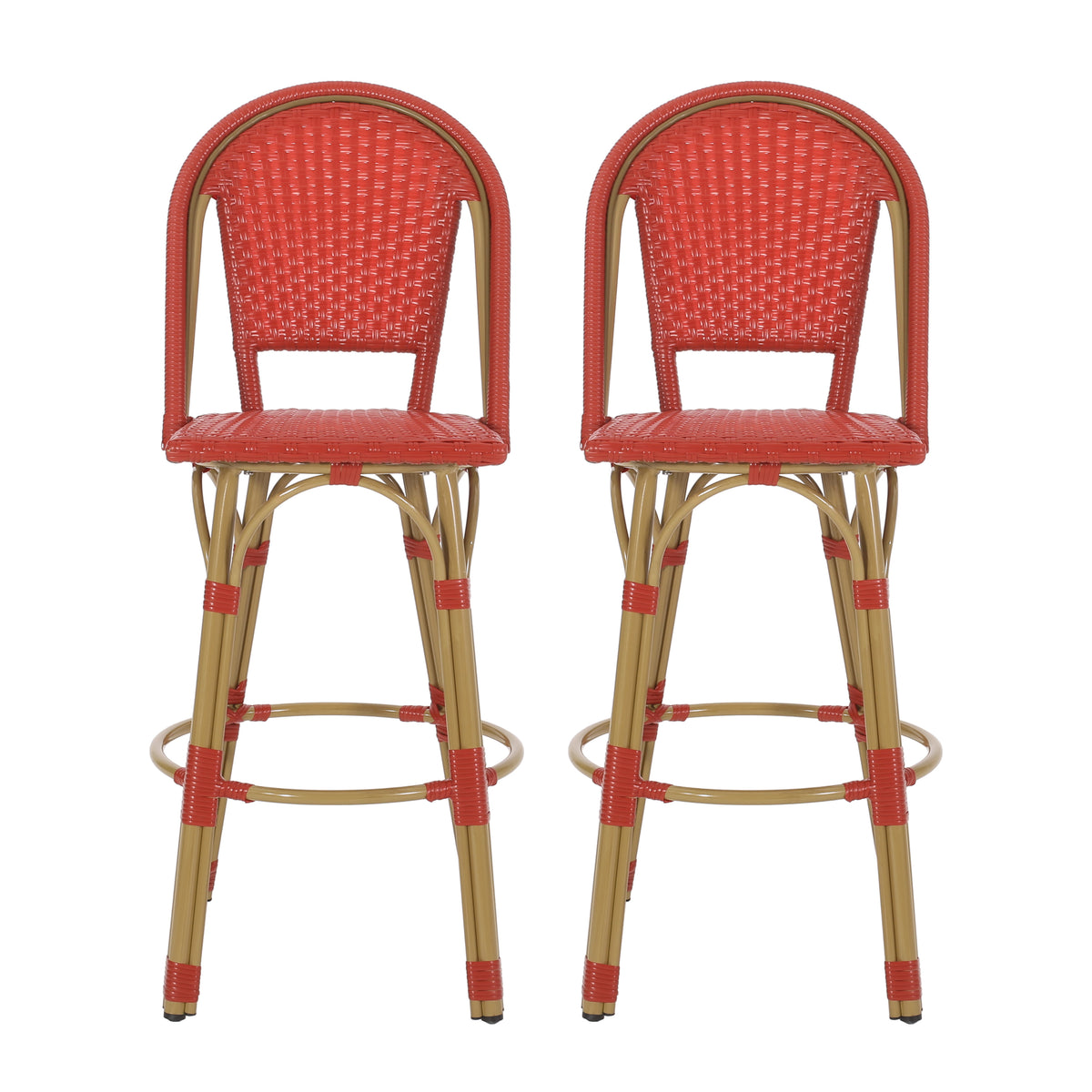 29.5" Outdoor Pe Rattan And Aluminum French Barstools, Set Of 2, Red And Bamboo Finish No Red Rust Resistant Frame Garden & Outdoor French 2 Person Seating Group Aluminum,Wicker