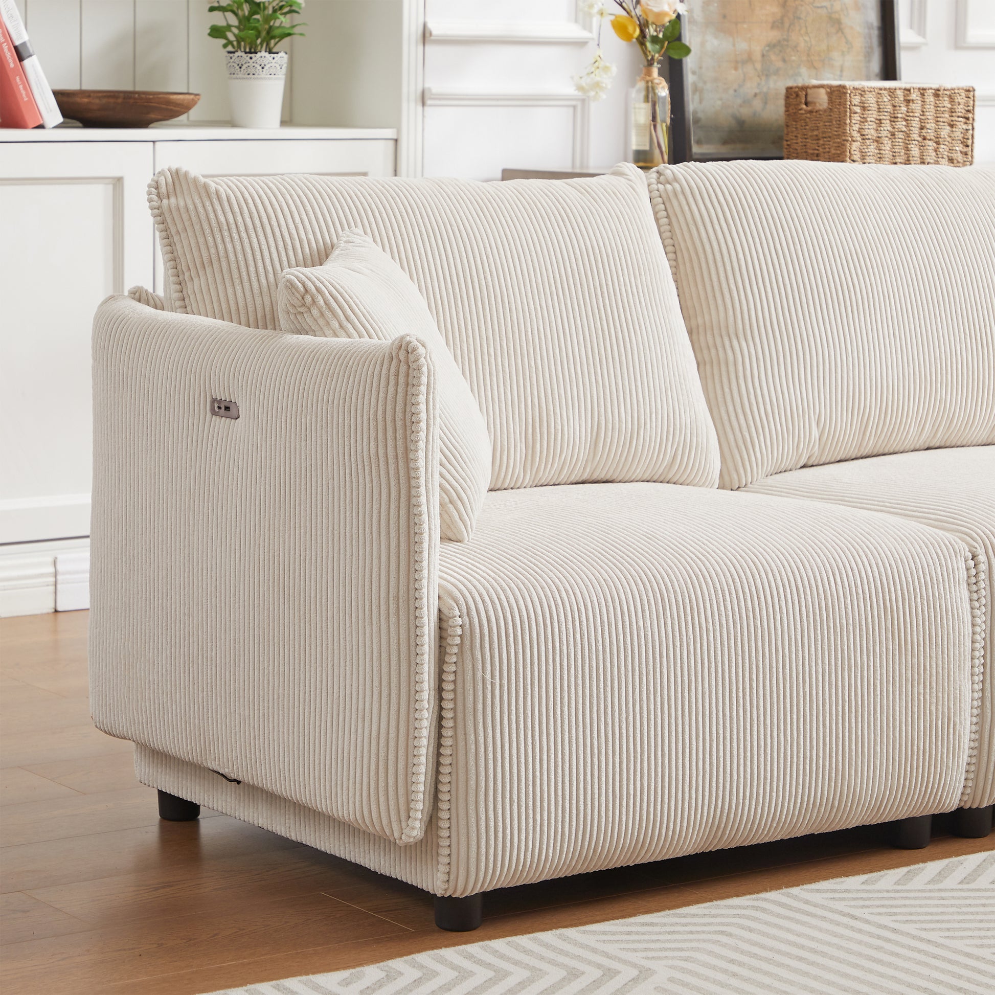 106" Multi Module Combination Style Sofa For Living Room, Bedroom And Other Lounge Spaces, Modern Minimalist Corduroy Combination Sofa With 2 Comfort Cushions With Usb & C Charging Ports,Beige Beige Foam Fabric 4 Seat