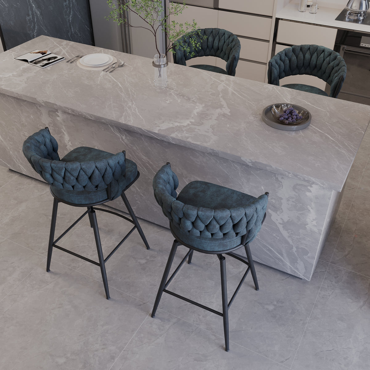 Bar Chair Suede Woven Bar Stool Set Of 4,Black Legs Barstools No Adjustable Kitchen Island Chairs,360 Swivel Bar Stools Upholstered Bar Chair Counter Stool Arm Chairs With Back Footrest, Blue Metal Blue Kitchen Dining Chairs Foam Technical Leather