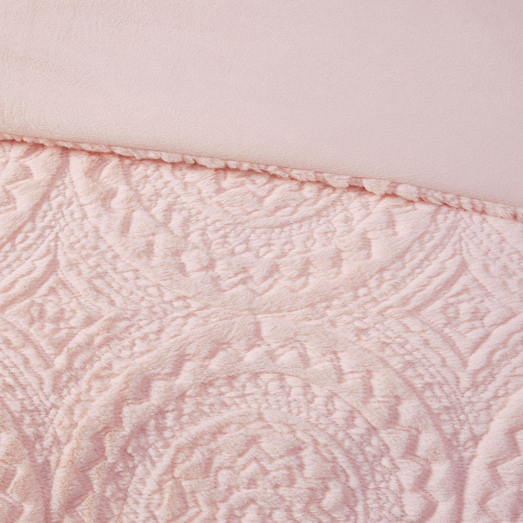 Embroidered Medallion Faux Fur Ultra Plush Comforter Mini Set King Blush Polyester
