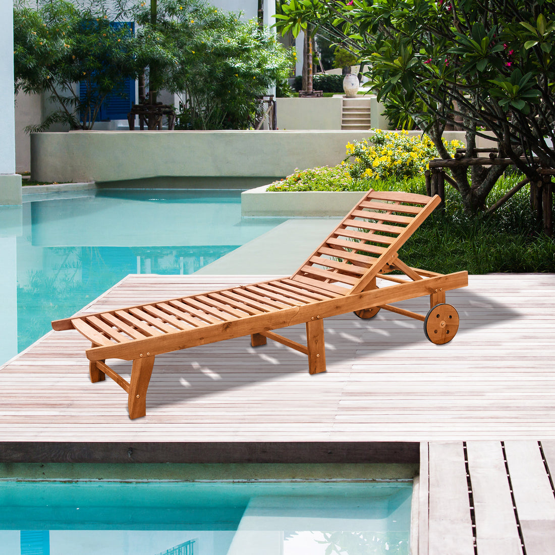 Outsunny Outdoor Folding Chaise Lounge Chair Recliner With Wheels, Acacia Wood Frame Teak Color Natural Acacia Wood