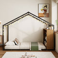 Twin Size Metal Bed House Bed Frame With Shelves And Lights, Black Twin Black Metal & Wood