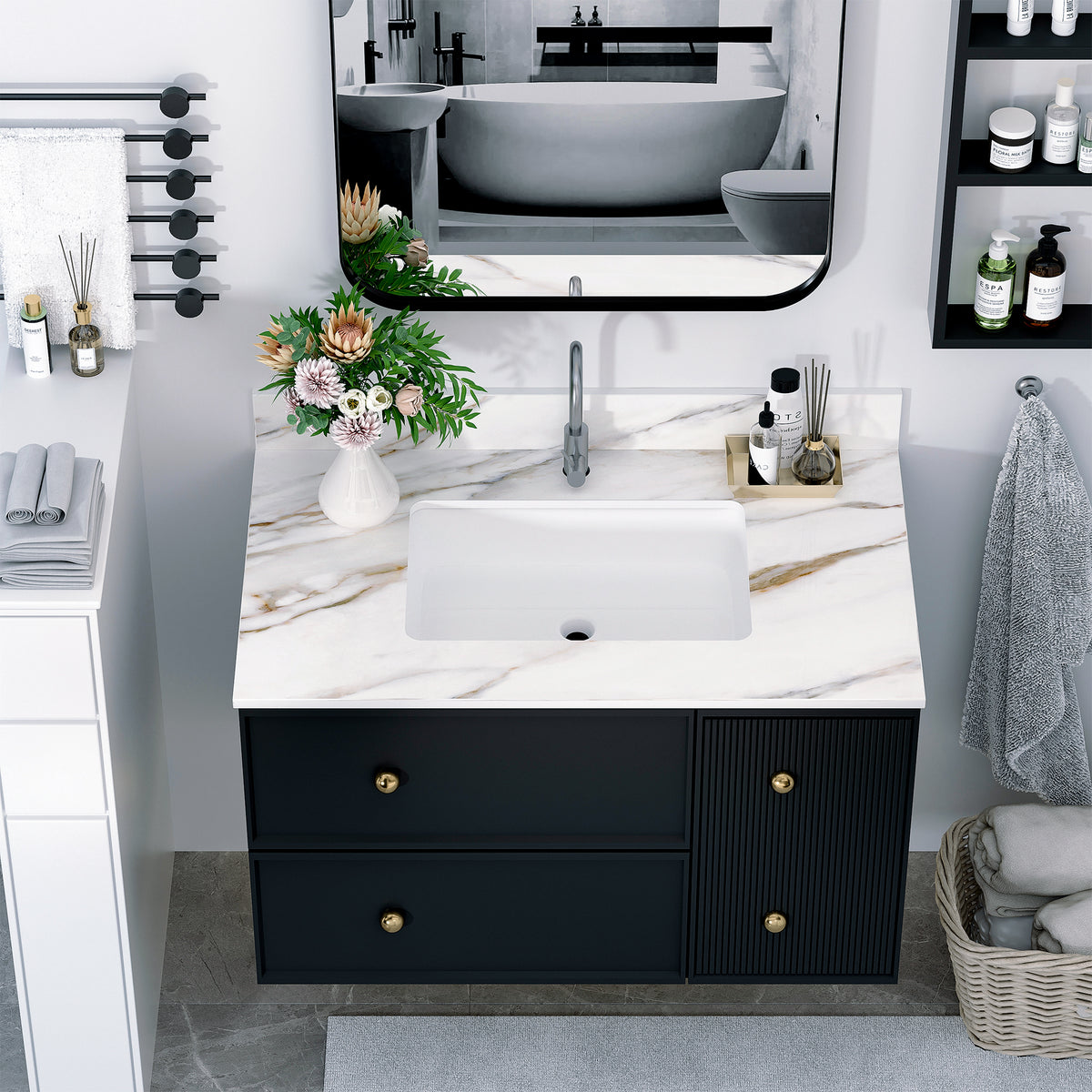 37 Inch Marble Vanity Top, Bathroom Vanity Top With Undermount Rectangular Middle Sink And 4" Height Backsplash, Pre Drilled Faucet Hole Vanity Top, Carrara White With Veins White Marble Bathroom American Design,American Traditional Sintered Stone