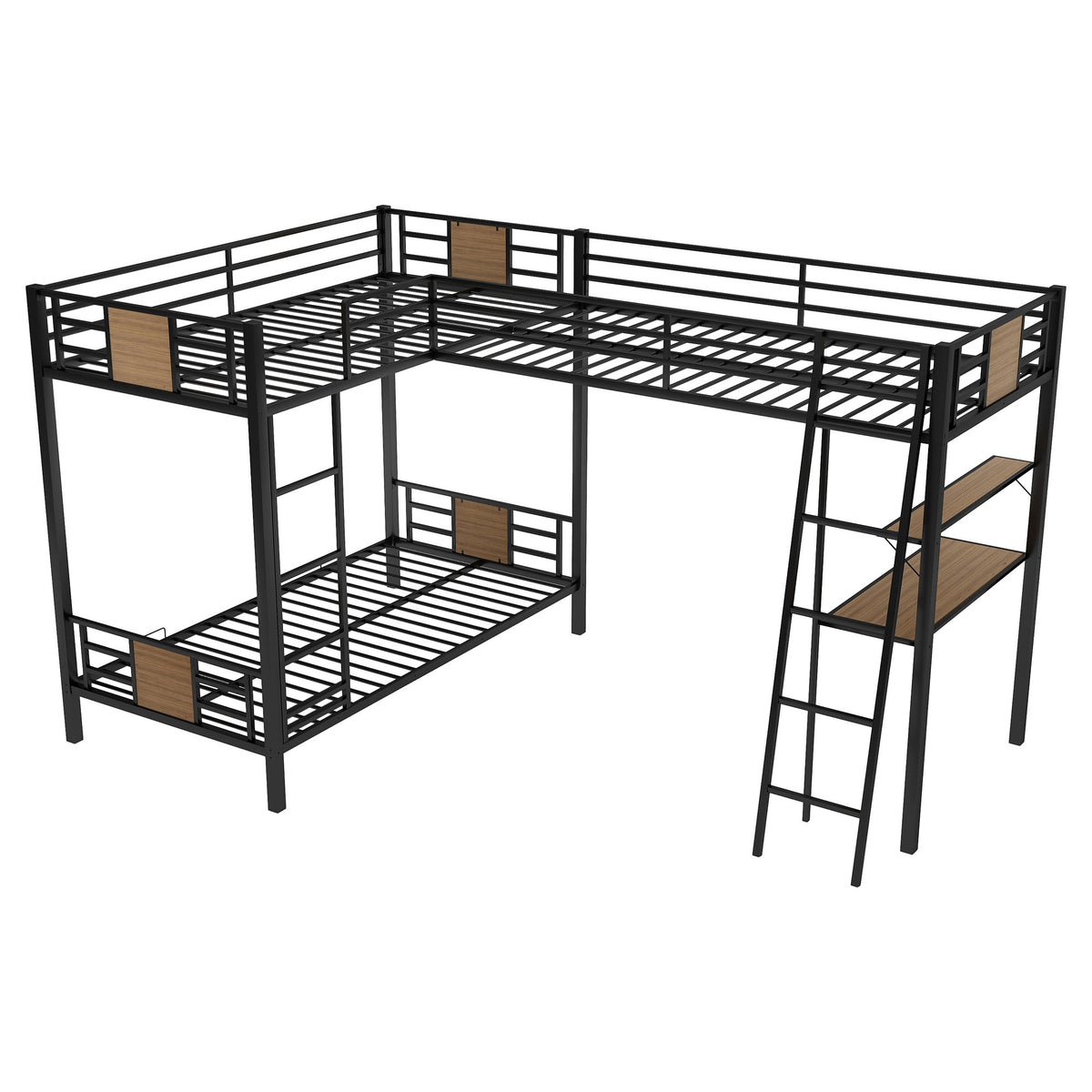 L Shaped Twin Over Twin Bunk Bed With Twin Size Loft Bed With Desk And Shelf ,Brown Brown Steel
