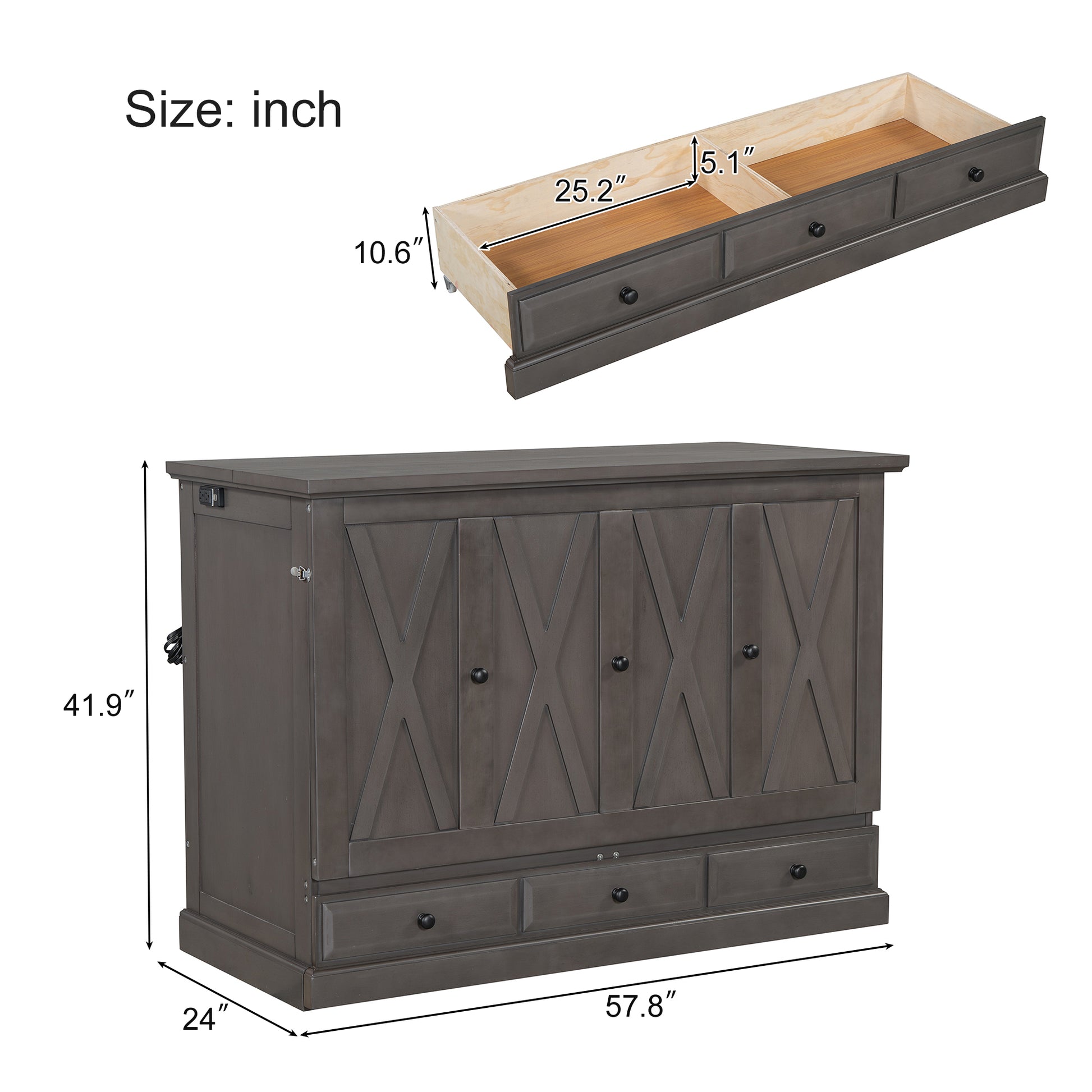 Solid Pine Murphy Bed Chest Cube Cabinet Bed With Charging Station And Large Storage Drawer For Home Office Or Small Room,Full,Gray Box Spring Not Required Full Gray Wood Gray Pine Murphy Solid Wood Mdf