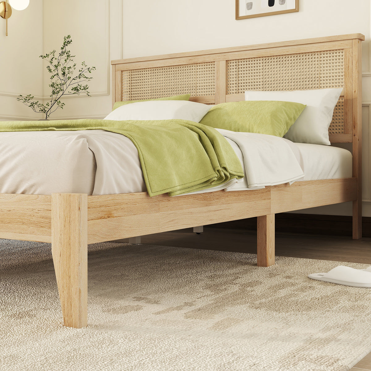 Queen Size Rubber Wooden, Solid Wooden Bed With Rattan Headboard, Enhanced By Support Feet Queen Natural American Design Rubber Wood