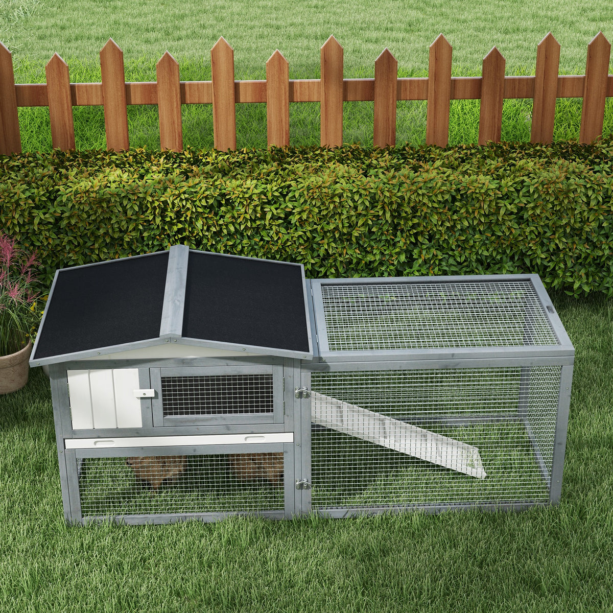 Pawhut Large Rabbit Hutch Outdoor, 2 Tier 61" L Rabbit Cage With Run Feeding Trough Wooden Guinea Pig Hutch With Removable Tray, Ramp, Asphalt Roof, For 1 2 Rabbits, White White Wood