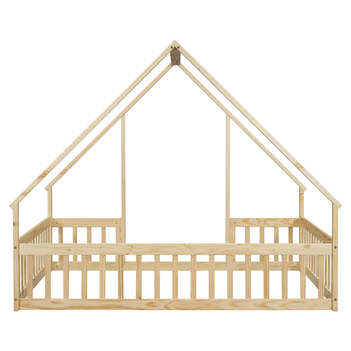 Full Wood House Shaped Floor Bed With Fence, Guardrails,Natural Full Natural American Design Pine