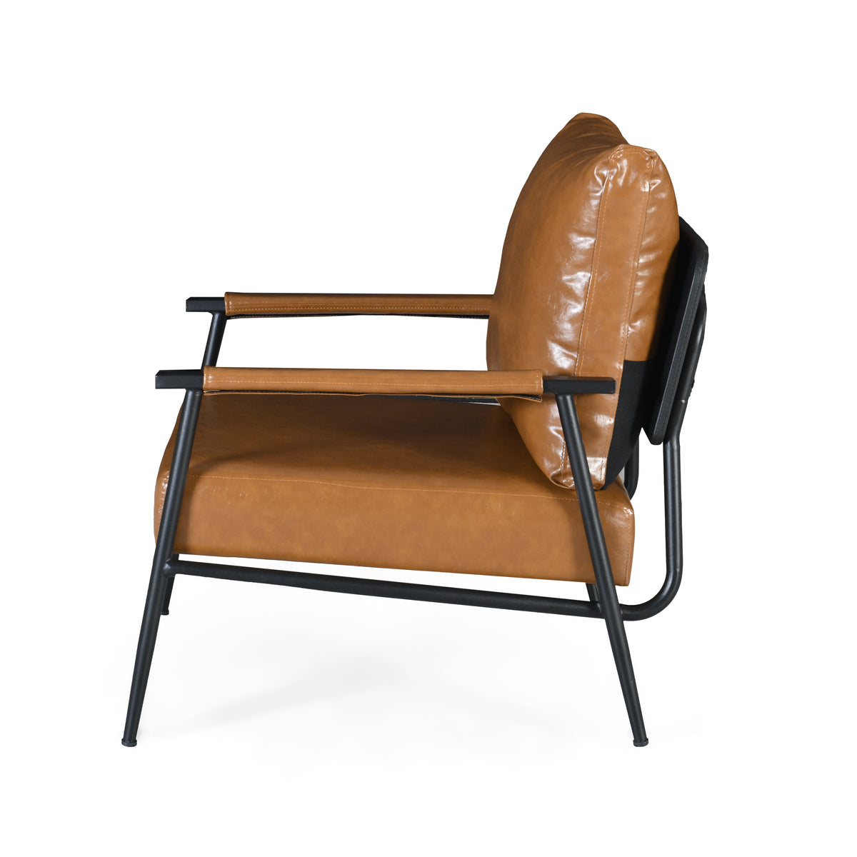Mid Century Modern Accent Chair With Brown Faux Leather Upholstery, Padded High Backrest, Metal Frame And Faux Leather Wrapped Armrests, Perfect For Living Room, Bedroom, Or Office Brown Metal,Pu