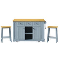 K&K 53Inch Large Kitchen Island With 2 Bar Stools, Power Outlet,Door Internal Storage Rack,Kitchen Storage Cart On 5 Wheels With Drop Leaf,5 Open Side Racks,3 Drawers For Kitchen,Dining Room,Grey Blue Grey Blue Gray Kitchen