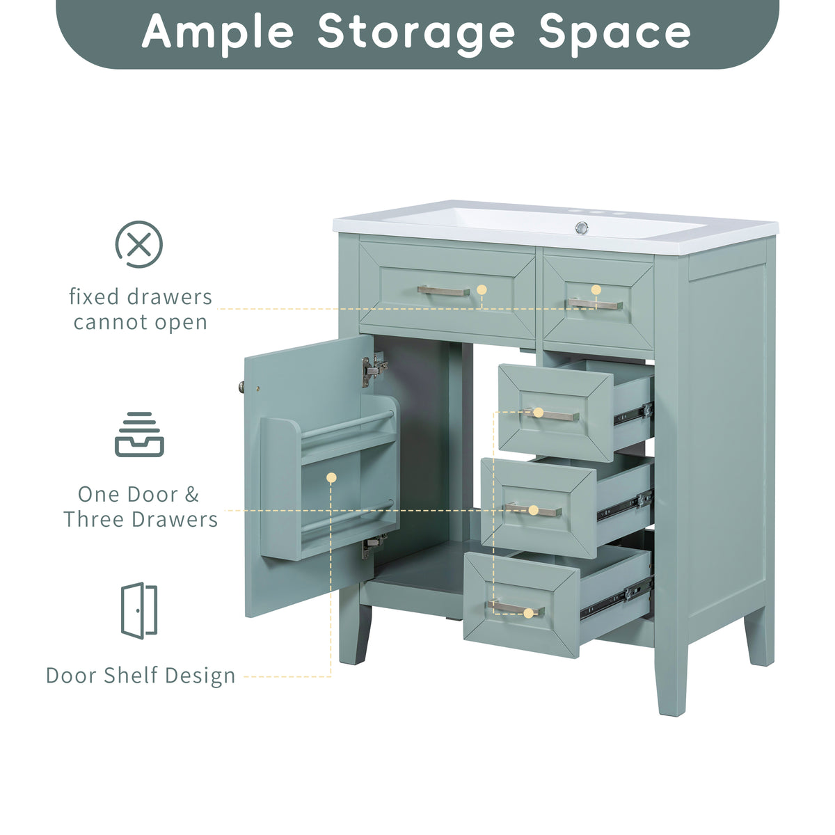 30" Bathroom Vanity With Sink Combo, Green Bathroom Cabinet With Drawers, Solid Frame And Mdf Board Old Sku:N725S999222F Green Solid Wood Mdf
