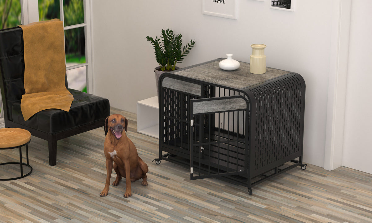 Heavy Duty Dog Crate Furniture Wooden Table Pet Dog Cage Kennel House Indoor Side End Table Decor With Removable Trays And Lockable Wheels For Small Dogs 33" Grey Grey Outdoor Kennel Small 11 25 Lbs Mdf Steel