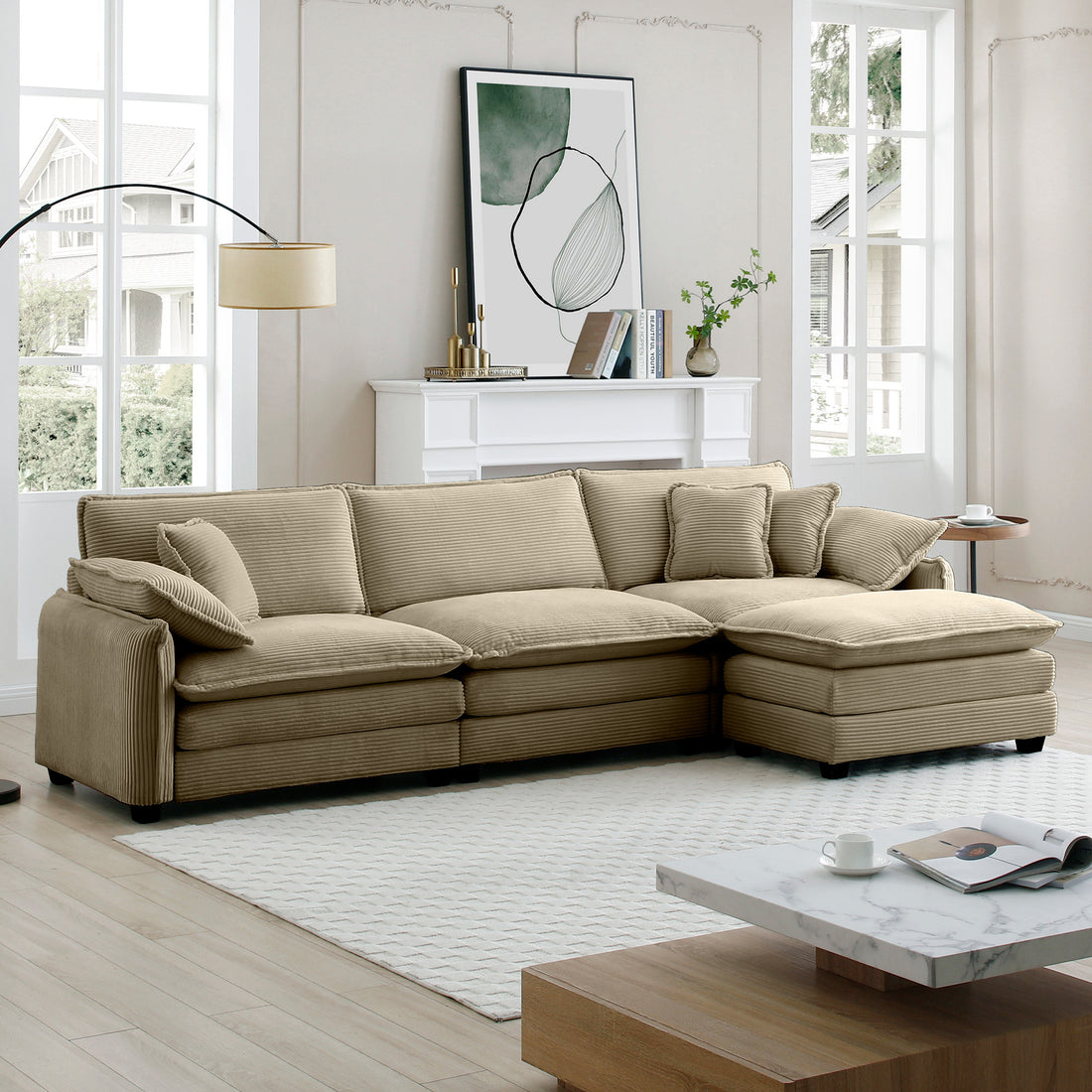 Oversize 3 Seater Sofa With One Footrest, L Shaped Sectional Sofa With Ottoman For Living Rooms,Tan Corduroy Sofa Tan Corduroy 3 Seat
