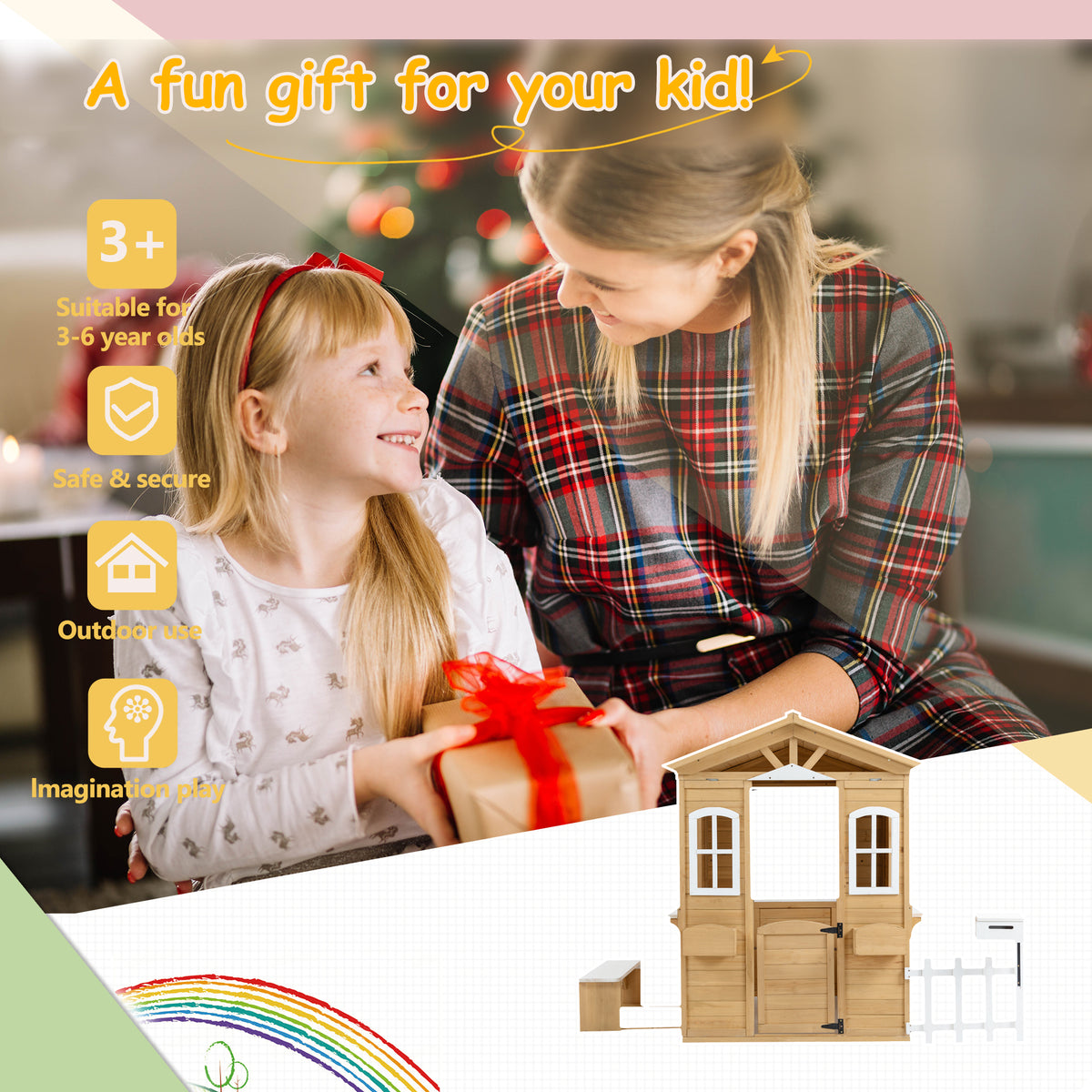 Wooden Playhouse For Kids Outdoor With Working Door, Windows, Mailbox, Bench, Flowers Pot Holder, 39" X 38" X 55.5" Natural Solid Wood