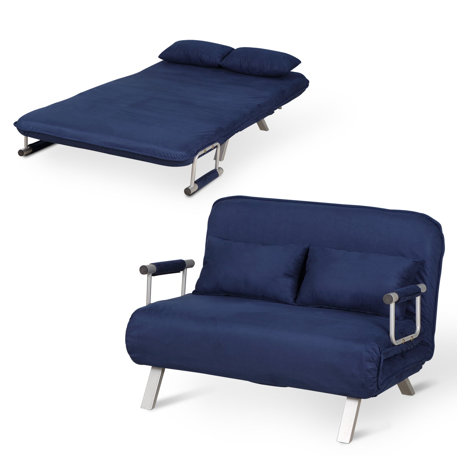 Homcom Convertible Sofa Bed Sleeper Chair, 5 Position Adjustable Backrest, Armchair Sleeper With Pillows, Leisure Chaise Lounge Couch, Blue Blue Steel 2 Seat