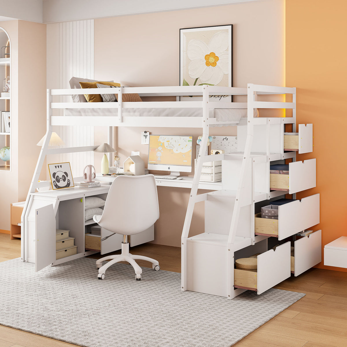 Full Size Loft Bed With 7 Drawers 2 Shelves And Desk White Full White Plywood