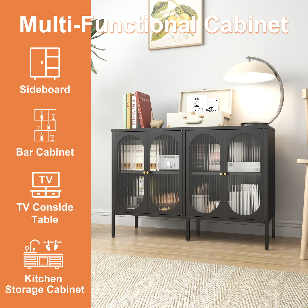Metal Sideboard Cabinet With 4 Glass Door, Steel Locker Sideboard Buffet Cabinet, Sideboard Buffet Cabinet With 4 Doors, Kitchen Storage Cabinet, Coffee Bar Cabinet For Kitchen, Living Room, Black