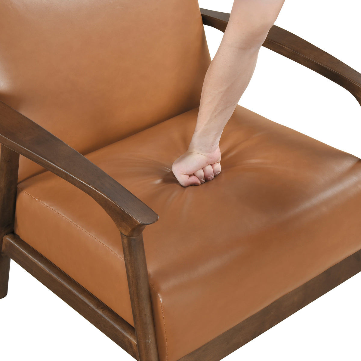 Brown Faux Leather Upholstered Accent Chair 1Pc Seat Cushion Solid Rubberwood Frame Living Room Furniture Brown Primary Living Space Rubberwood Solid Wood
