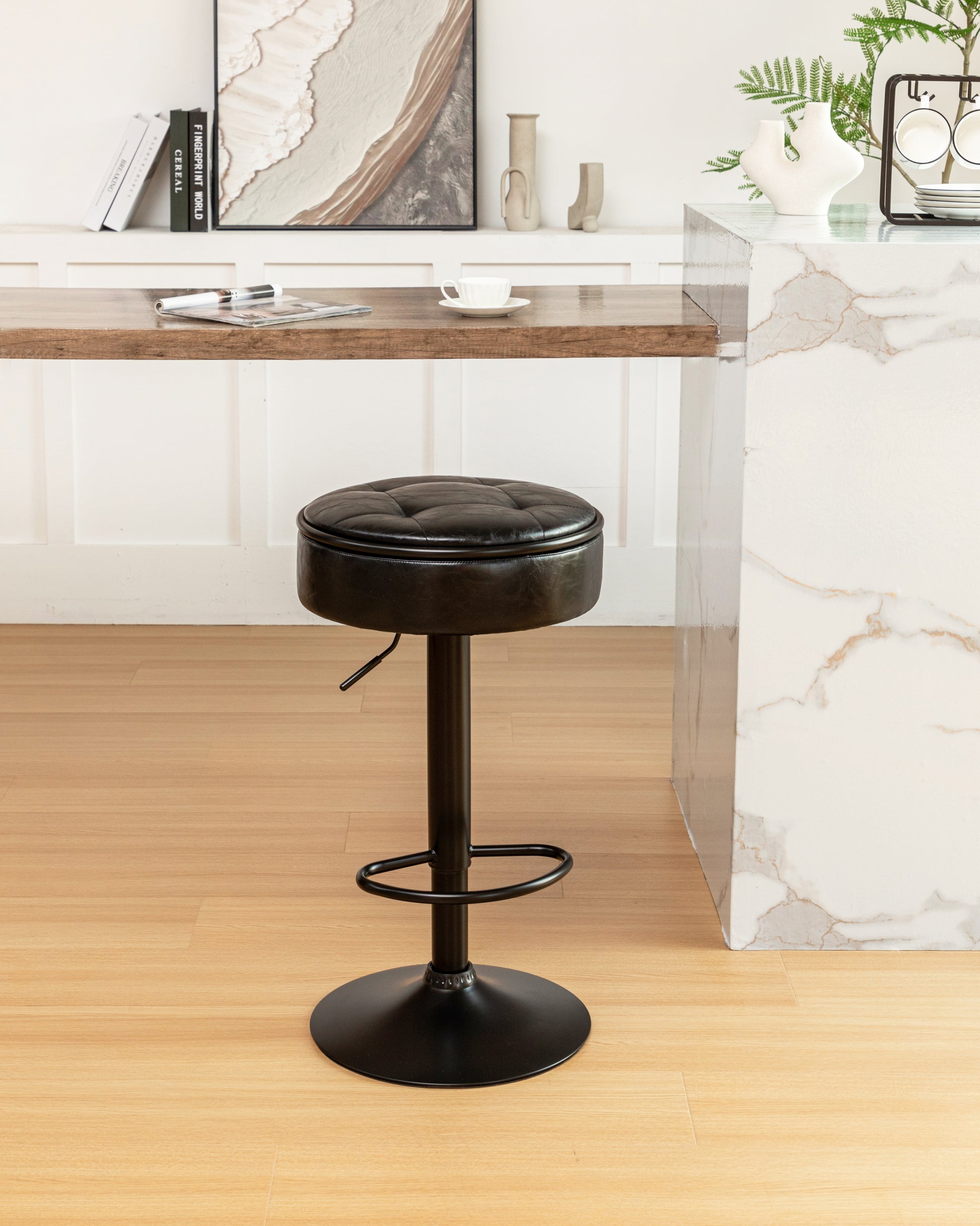 Round Storage Bar Stool Set Of 2, Black Faux Leather Height Adjustable Barstool, 360 Counter Height Swivel Stool, Armless Bar Chair With Metal Frame For Kitchen Counter Dining Living Room Black Set Of 2 Foam Pu Leather