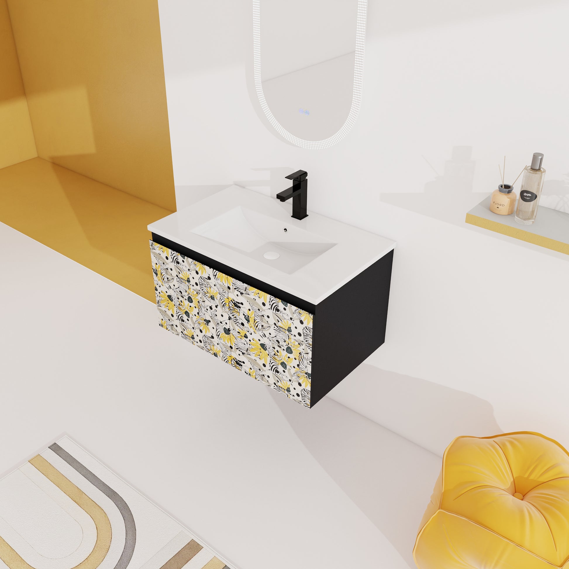 30'' Floating Wall Mounted Bathroom Vanity With Ceramics Sink & Soft Close Cabinet Door, Kd Package Black Bathroom Modern Plywood