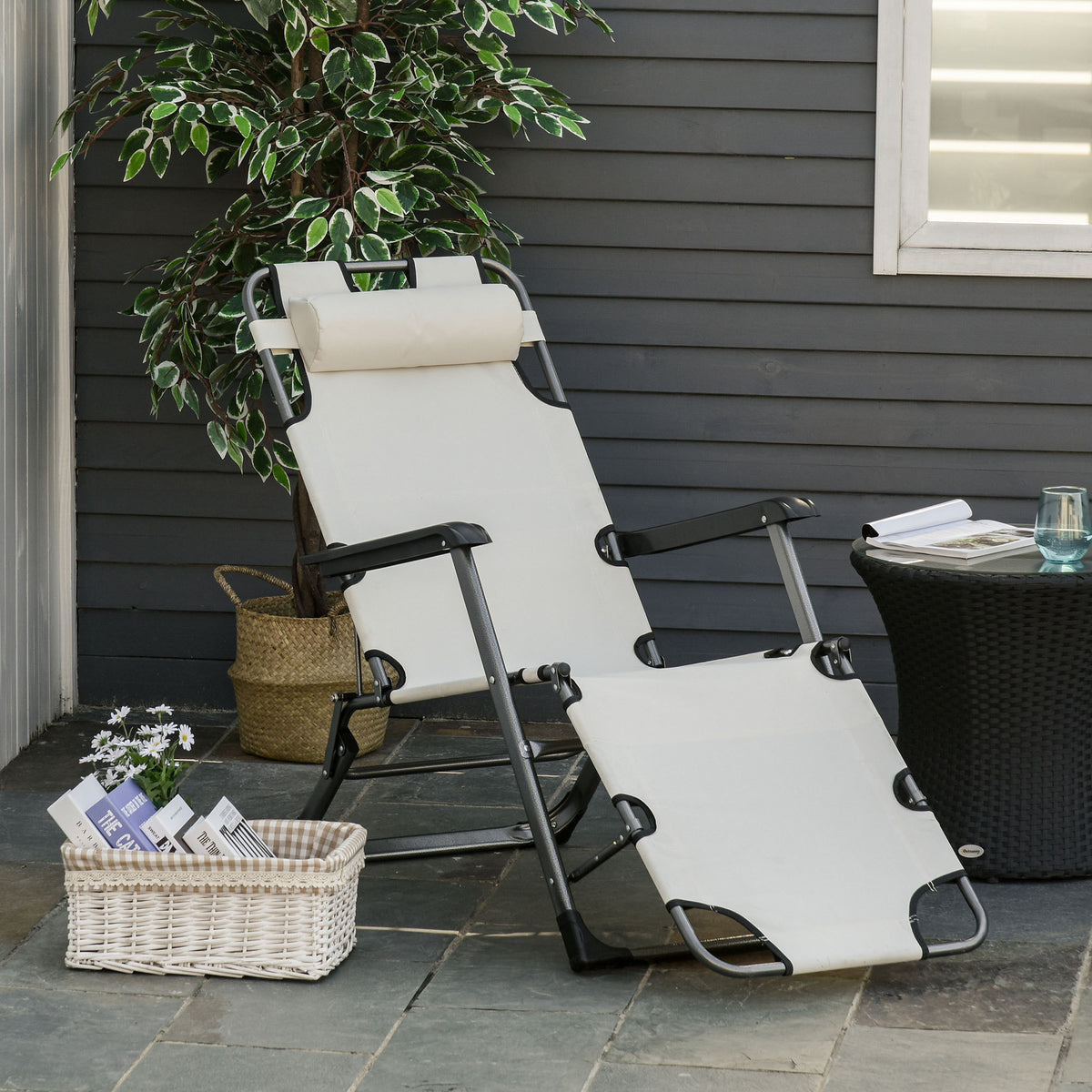 Outsunny Folding Chaise Lounge Chair For Outside, 2 In 1 Tanning Chair With Pillow & Pocket, Adjustable Pool Chair For Beach, Patio, Lawn, Deck, Cream White Cream White Metal