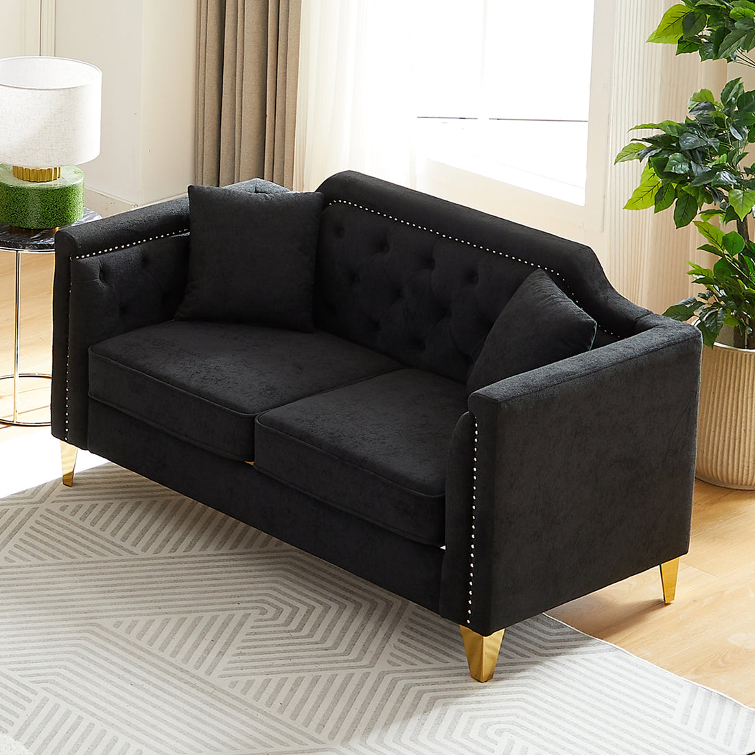 Fx 61.5"Mid Century Design Modern Sofa,Chenille Pull Buckle Design Sofa For Living Room,Buttons Tufted With Copper Nail Decoration Armrest, With 2 Pillows,Modern Couch Upholstered Button And Metal Leg Black Chenille Wood Pine Foam Fabric 2 Seat
