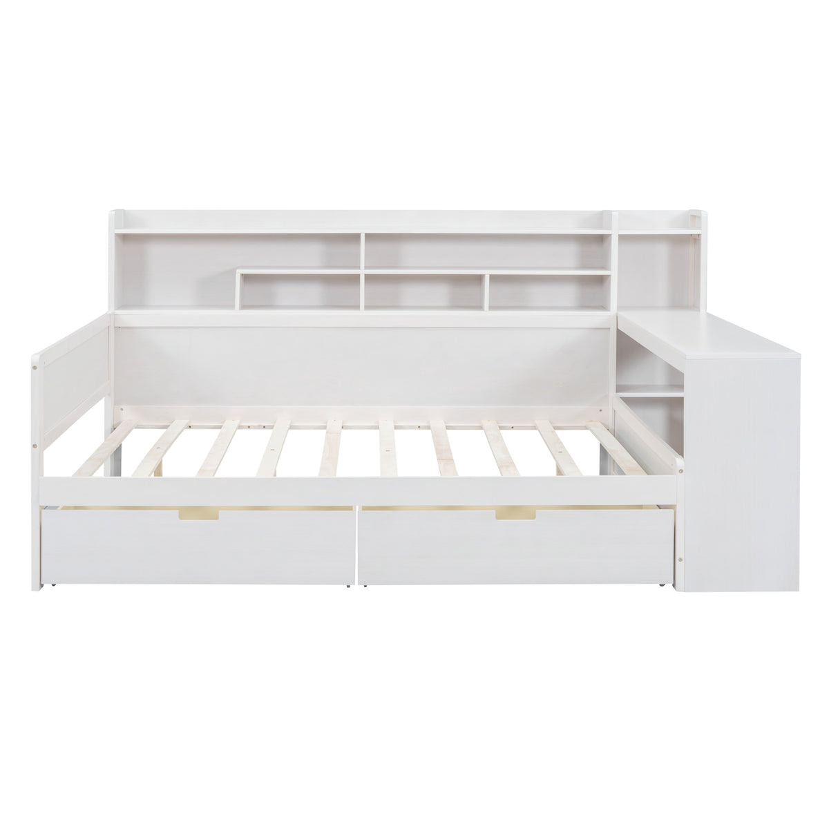 Wooden Full Size Daybed With Storage Shelves, Multi Functional Bed With Two Storage Drawers And Study Desk, Antique White Old Sku: Hl000089Aak Full Antique White Wood