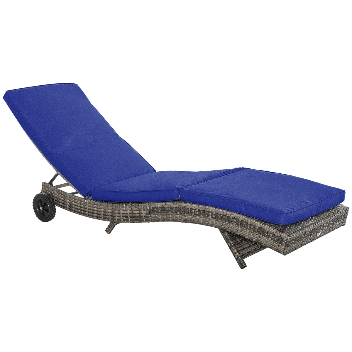 Outsunny Chaise Lounge Pool Chair, Outdoor Pe Rattan Cushioned Patio Sun Lounger W 5 Level Adjustable Backrest & Wheels For Easy Movement, Wicker, Dark Blue Blue Steel