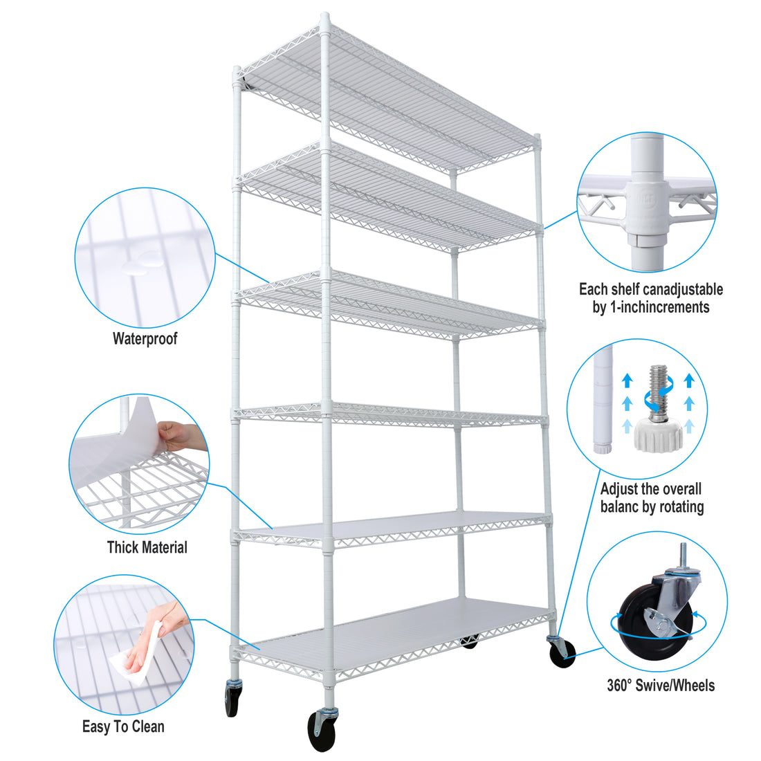 6 Tier 6000Lbs Capacity Nsf Metal Shelf Wire Shelving Unit, Heavy Duty Adjustable Storage Rack With Wheels & Shelf Liners For Commercial Grade Utility Steel Storage Rack, White 82"H X 48"L X 18"D White Metal