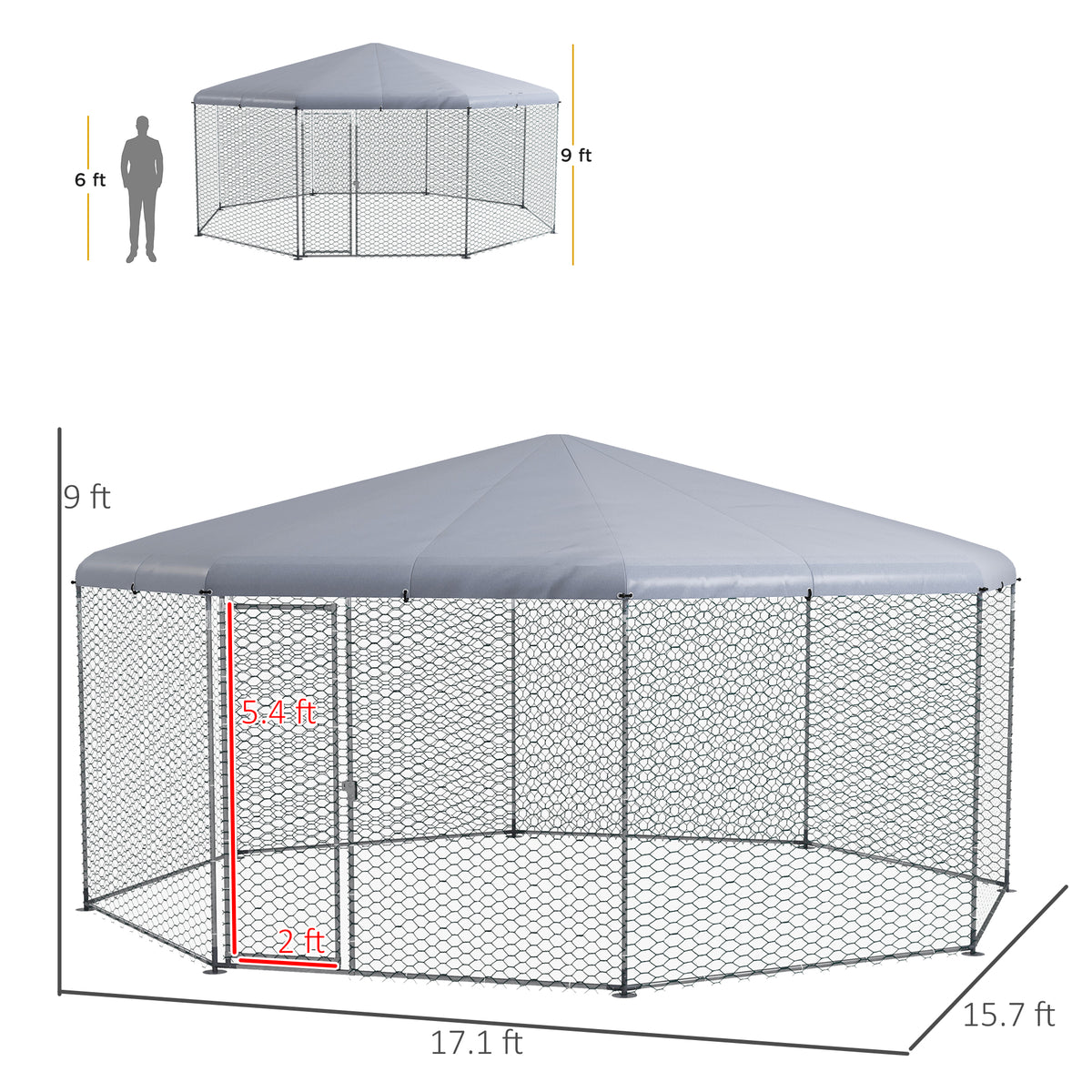 Pawhut Large Metal Chicken Coop Chicken Run For Chicken, Ducks And Rabbits With Waterproof And Anti Uv Cover, Walk In Poultry Cage Hen House For Outdoor And Yard Farm Use, 17' X 15.7' X 9' Silver Steel