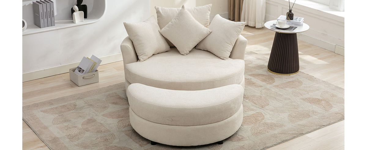 Orisfur. 360 Swivel Accent Barrel Chair With Storage Ottoman & 4 Pillows, Modern Chenille Leisure Chair Round Accent For Living Room, Cream Cream Foam Chenille