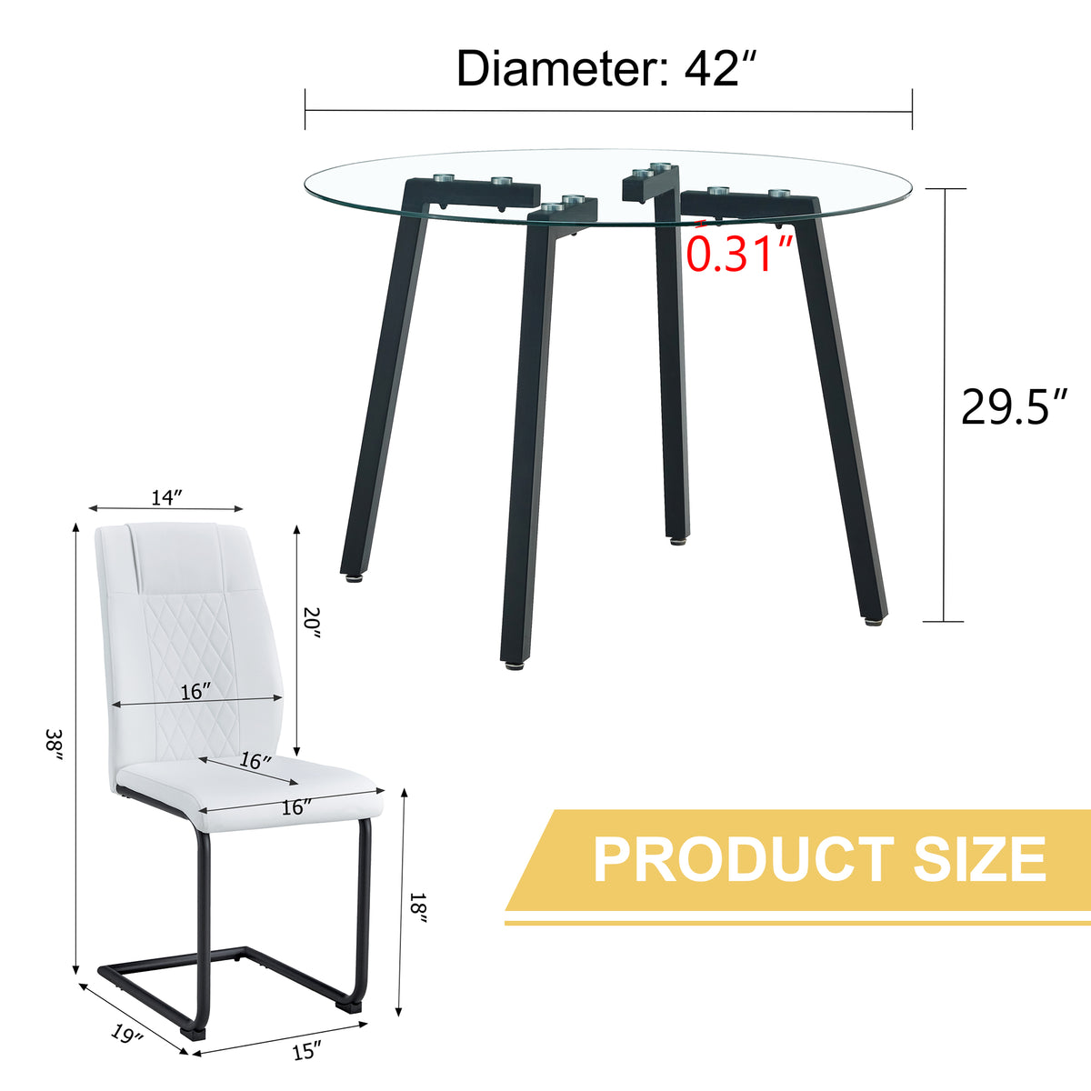 Table And Chair Set.A Modern Minimalist Style Round Clear Tempered Glass Table With Black Metal Legs.Paried With 4 Chairs With Modern Pu Leather High Back Upholstered And C Tube Black Metal Legs.
