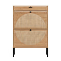 16 Pair Large Shoe Storage Cabinet Nature Rattan Drawer Brown Oak Mdf Metal
