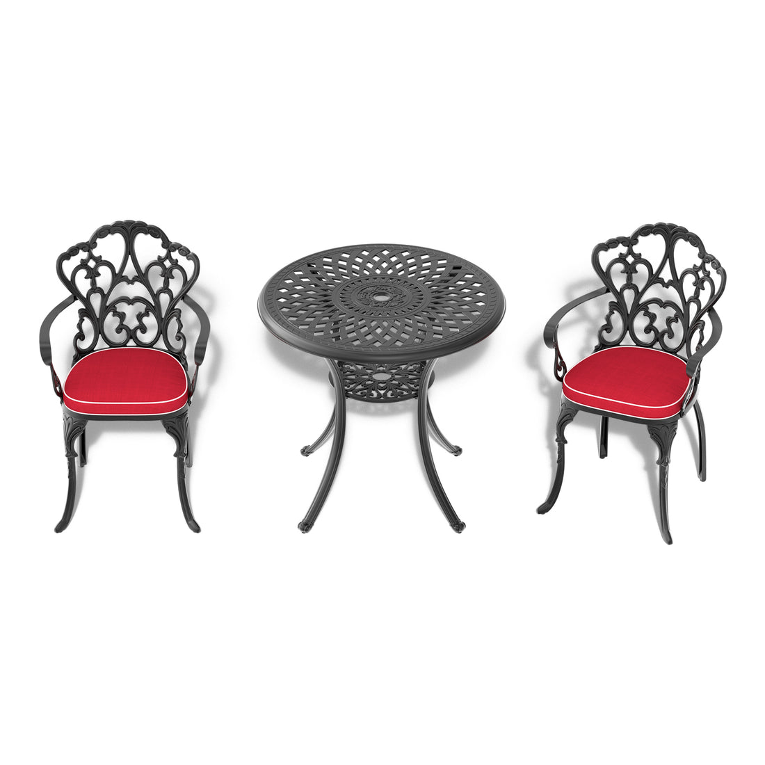 Cushions In Random Colors 3 Piece Set Of Cast Aluminum Patio Furniture With Cushions Yes Dining Set Black Seats 2 Rust Resistant Frame Water Resistant Cushion Garden & Outdoor Complete Patio Sets Aluminium