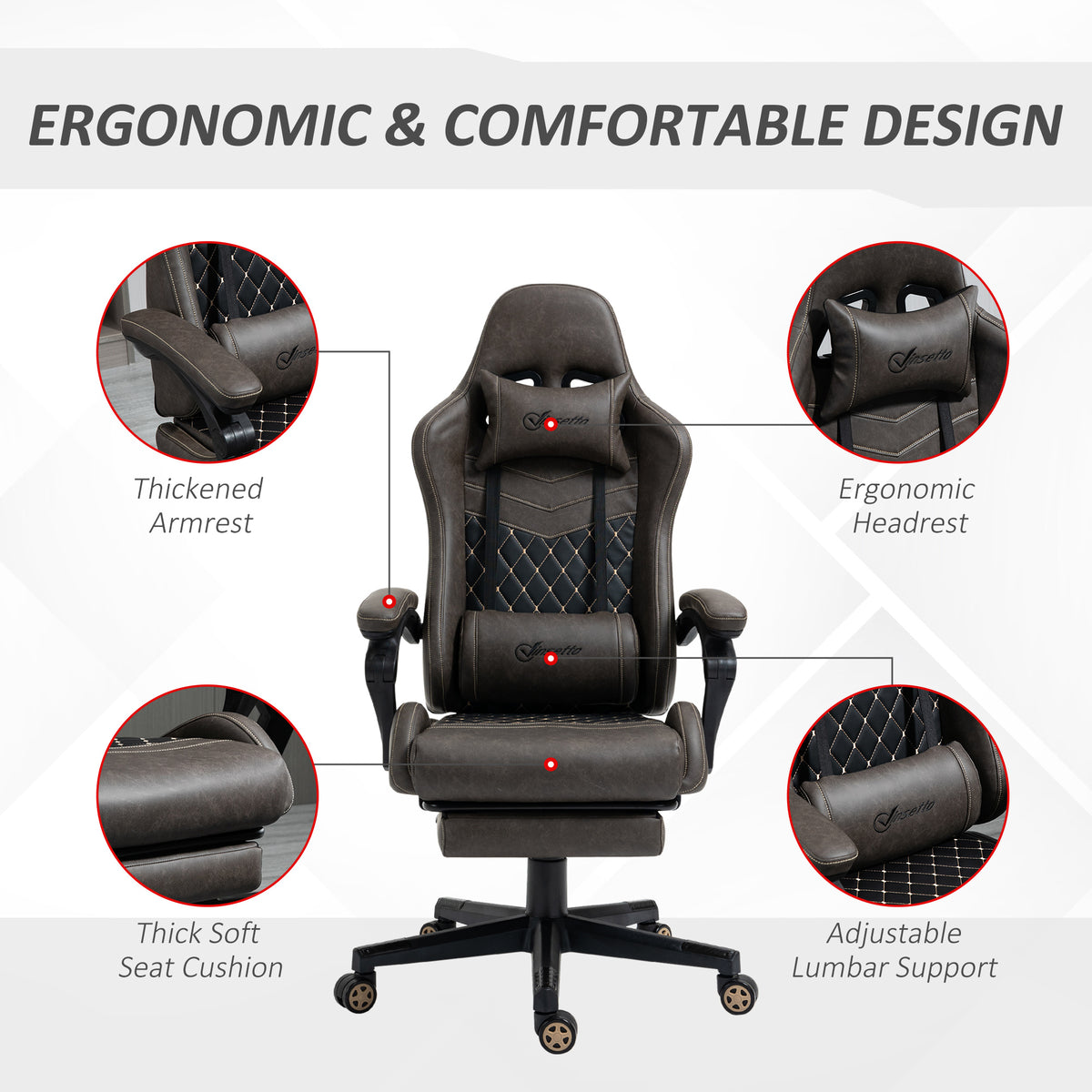 Vinsetto Racing Gaming Chair Diamond Pu Leather Office Gamer Chair High Back Swivel Recliner With Footrest, Lumbar Support, Adjustable Height, Brown Brown Pu