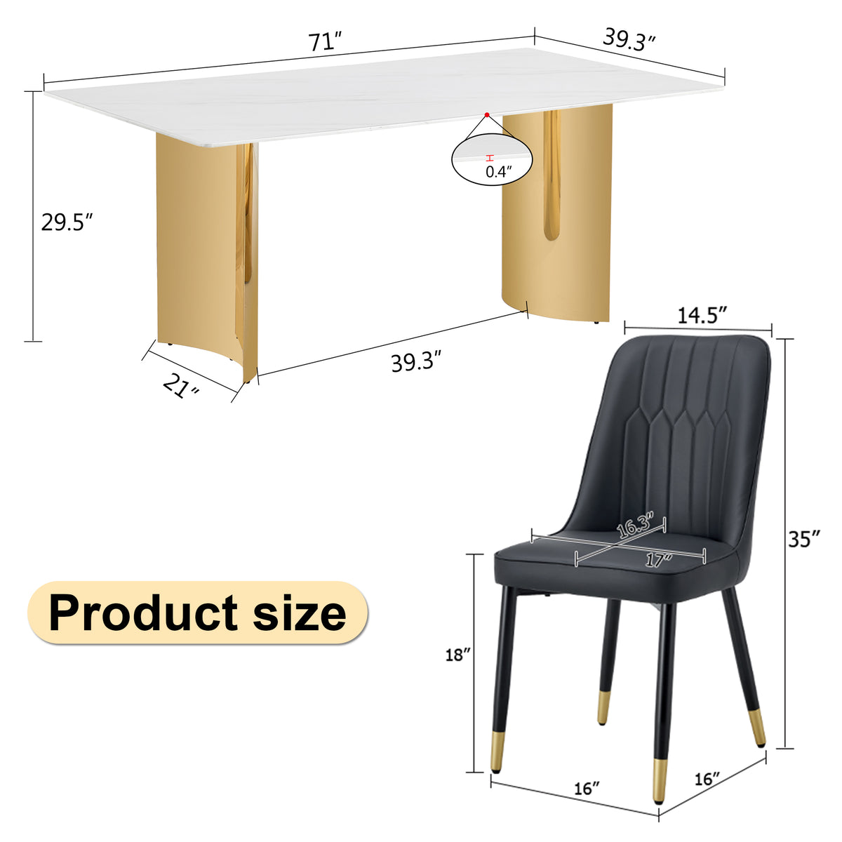 Table And Chair Set.The Table Has A Glass Top With Imitation Marble Pattern Stickers And Stainless Steel Golden Legs. Paried With Chairs With Pu Artificial Leather Backrest Cushions And Black Legs. White Gold Seats 8 Glass Metal