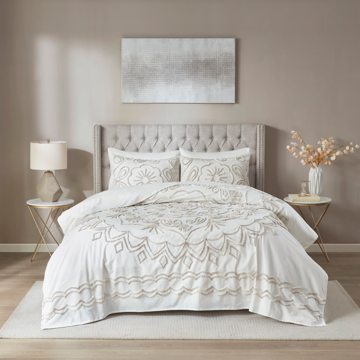 3 Piece Tufted Cotton Chenille Coverlet Set Ivory Taupe Full Queen Ivory Taupe Cotton