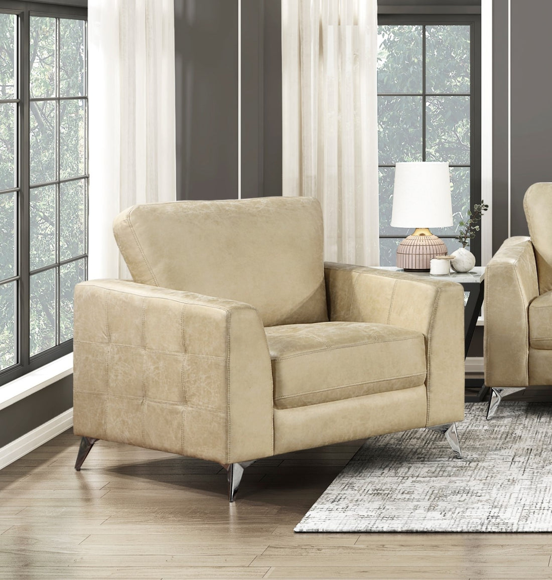 Sand Hued Polished Microfiber Upholstery Elegant Modern Style Chair 1Pc Solid Wood Living Room Furniture Silver Finish Metal Legs Sand Primary Living Space Modern Solid Wood