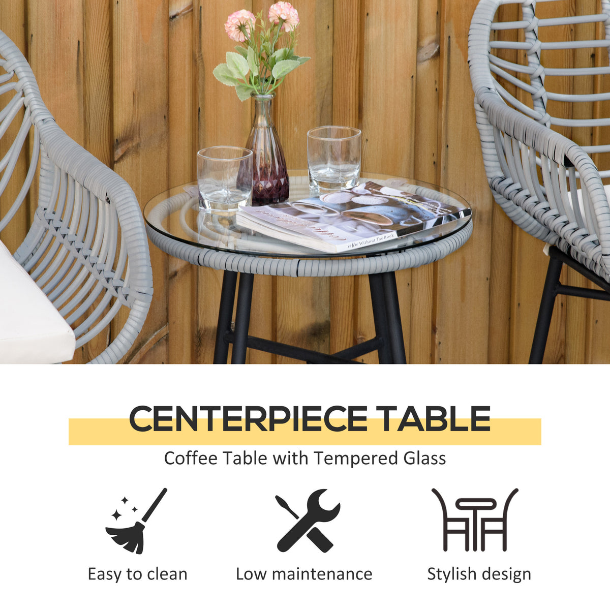 Outsunny 3 Piece Patio Set, Outdoor Bistro Furniture, Pe Rattan Wicker Table And Chairs, Cushioned, Hand Woven, Modern Look With Tempered Glass For Garden, Porch, Pool, Backyard, Cream White Gray White Matte Steel